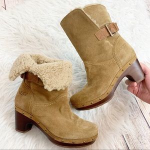 UGG Boho Suede Shearling Clogs Brown Ankle Boots